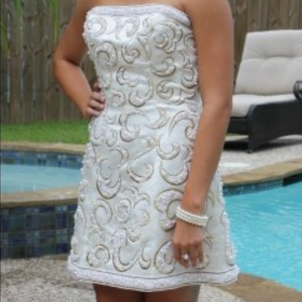 Sherri Hill White Pearl Rhinestone Cocktail Dress